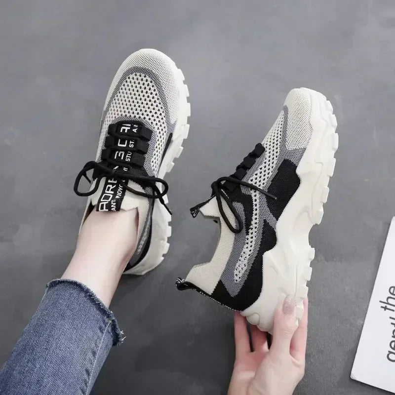 2024 New Fly Woven Mesh Casual Breathable Sneakers Korean Style Thick-Soled Daddy Shoes Mesh Red Shoes Light Running Shoes