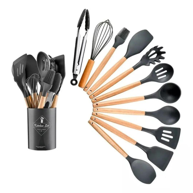 Jogo Kit com 12 Peças Utensílios De Cozinha Colheres Espátula Silicone Cabo Madeira Decoração Diversas Cores